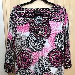Womens Dana Buchman Pink White Black Vneck long sleeve Tunic blouse top XL